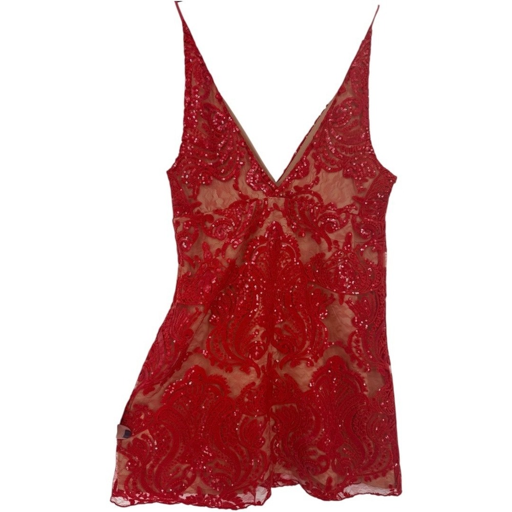 NWT Free People Night Shimmers Mini Dress Red Lace Sequin V Neck Size 10 Glam - Picture 13 of 16